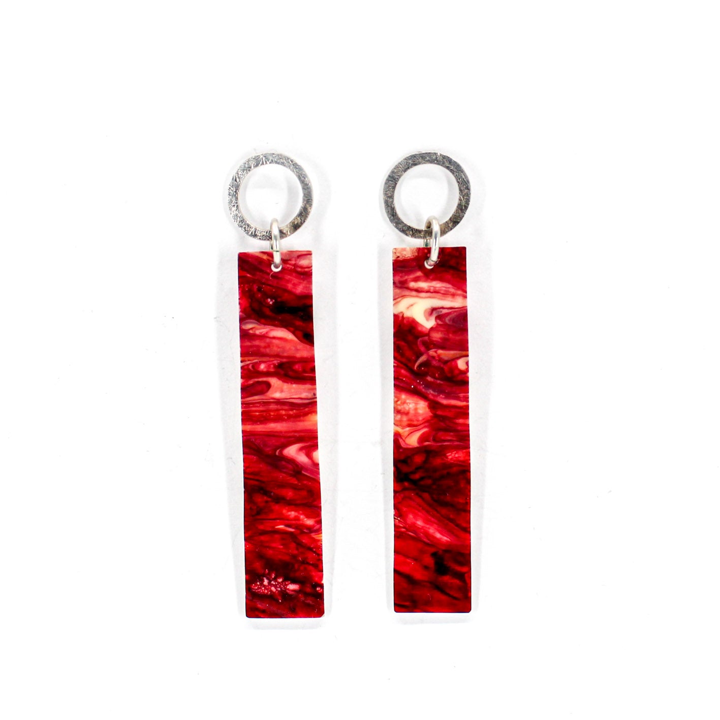 long dangling earrings • hammered sterling silver circle • red marbled resin element