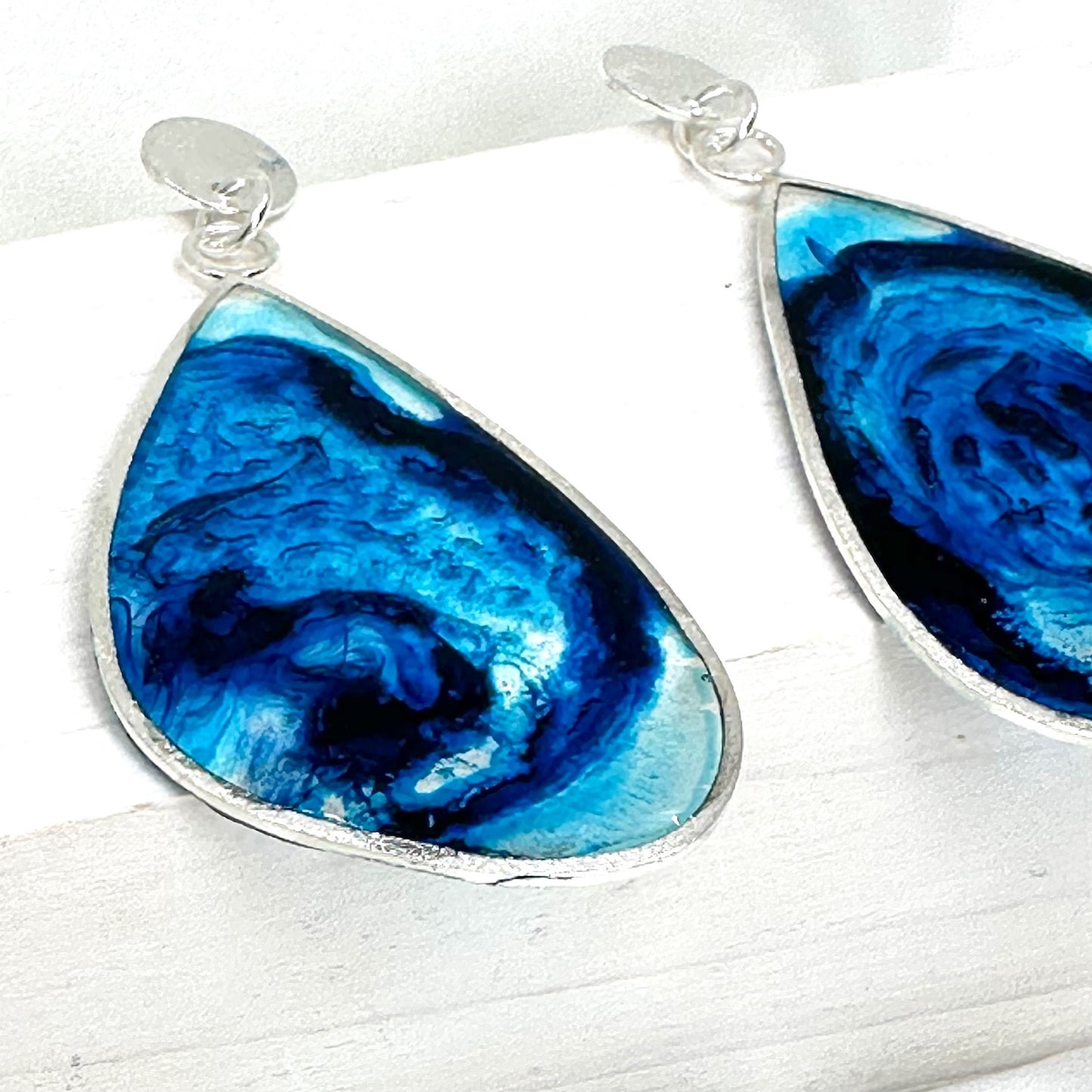 Handmade Sterling Silver Teardrop Earrings with Blue Resin • Sculptural • One of a Kind • 2