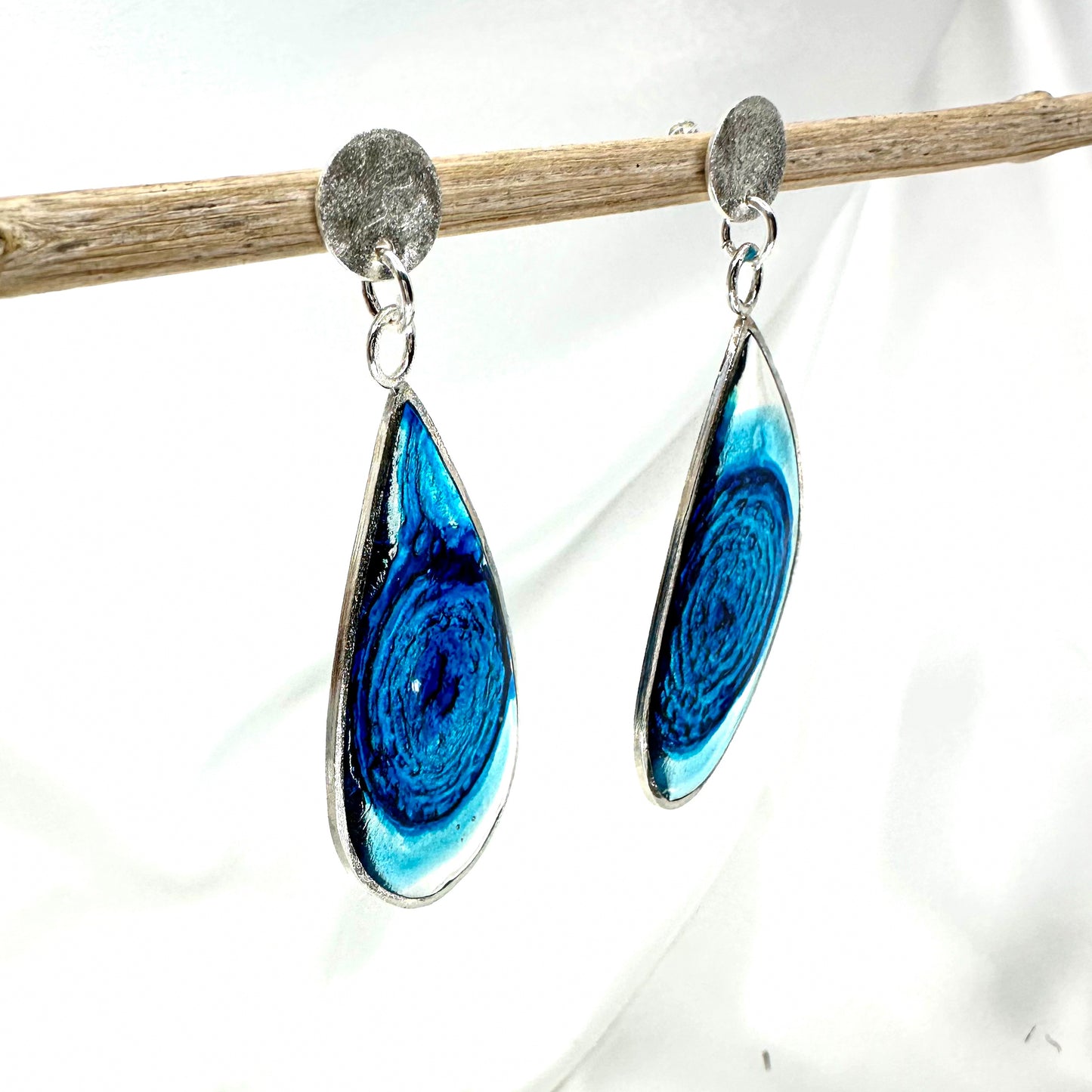 Handmade Sterling Silver Teardrop Earrings with Blue Resin • Sculptural • One of a Kind 1