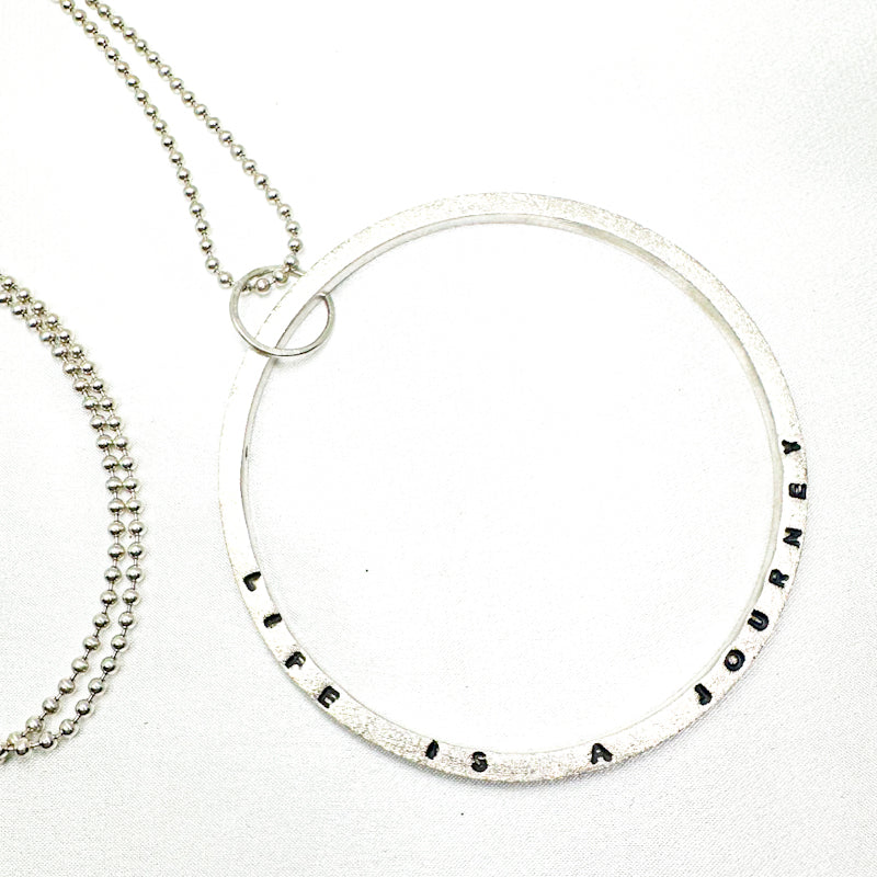 life is a journey silver pendant on long ball chain