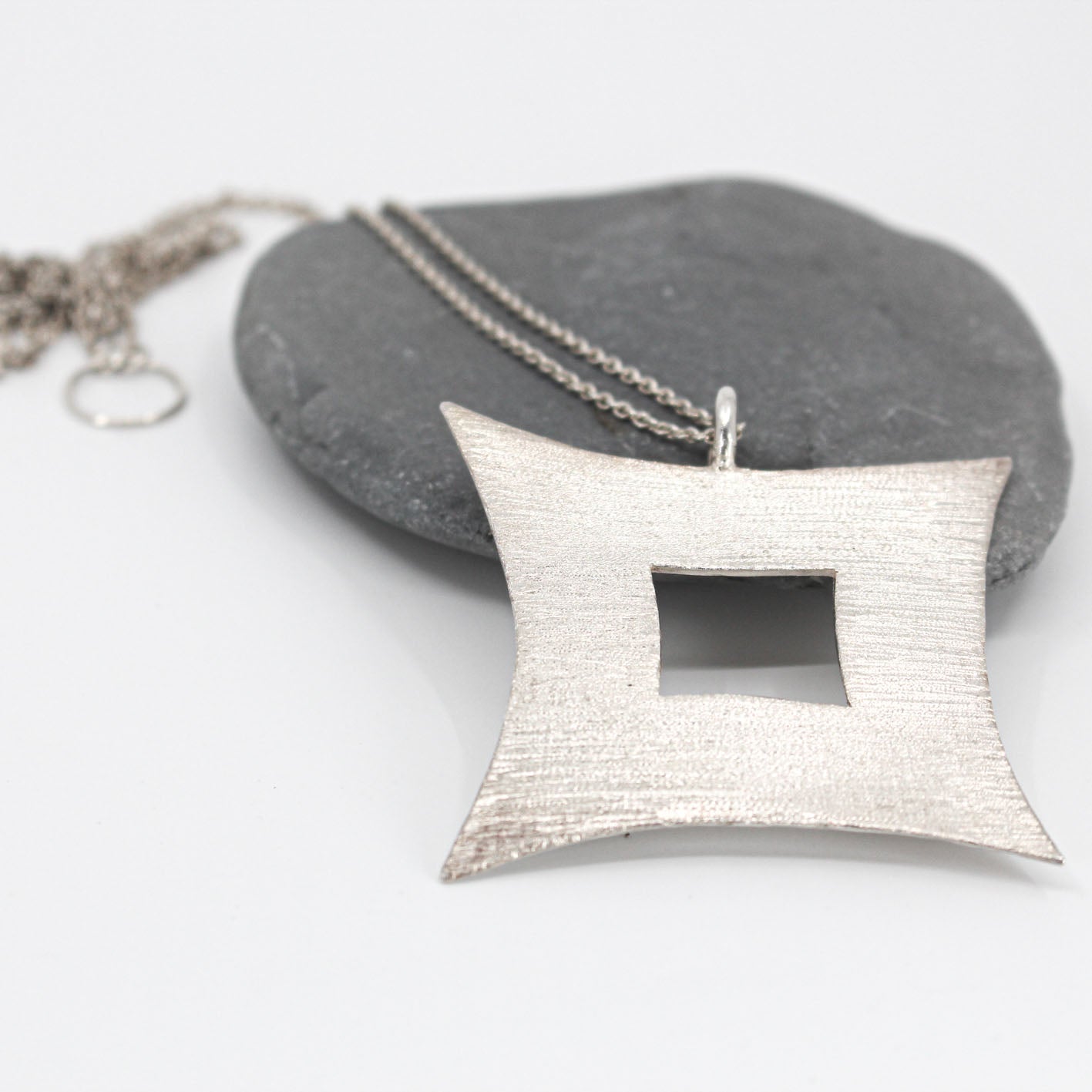 long minimalist statement chain necklace with silver square pendant in 925 eco sterling silver