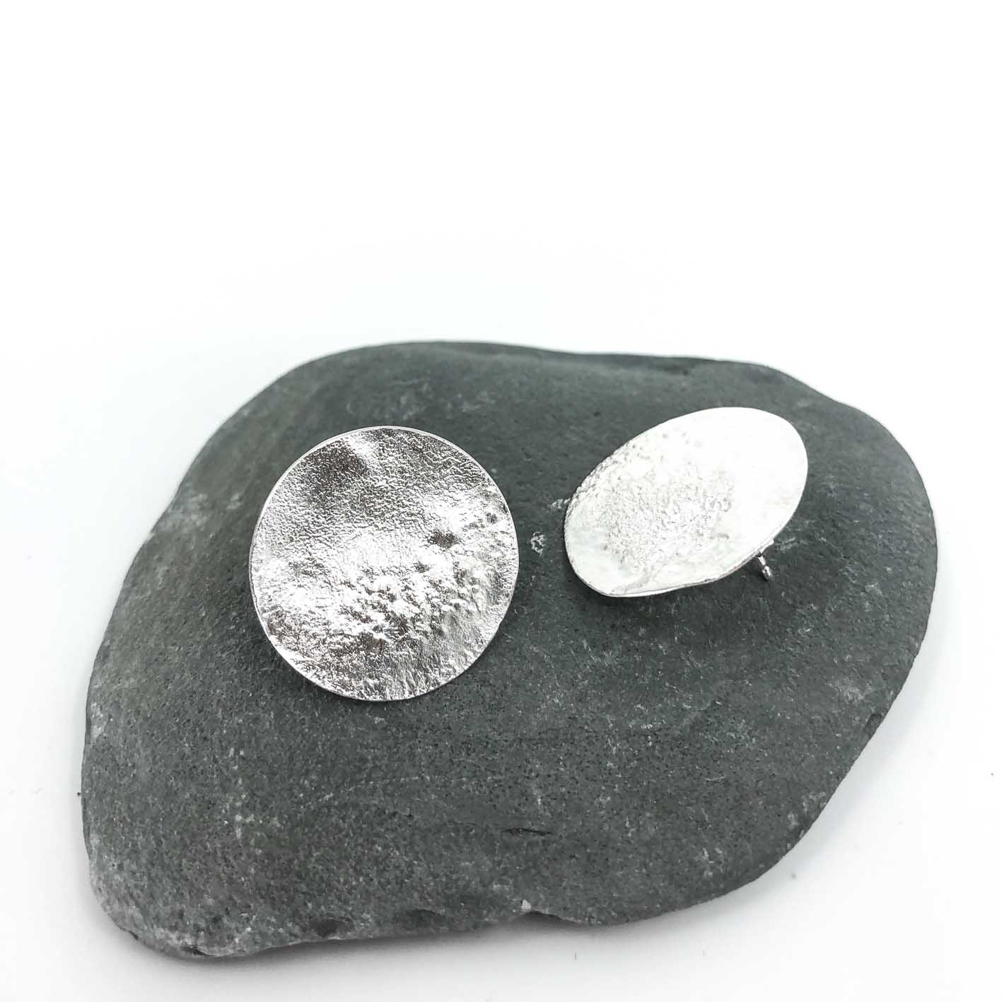 big shiny sterling silver round disc stud earrings • handmade in France