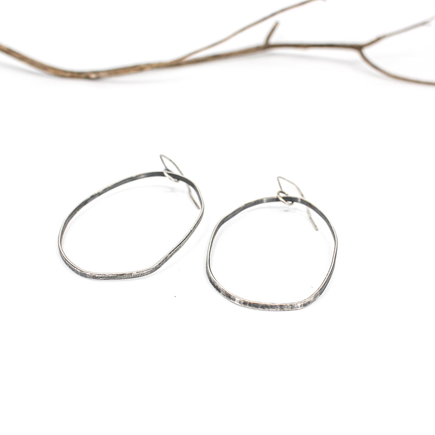 large minimalist dangling silver earrings • textured • eco sterling silver • oxidised