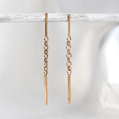 long gold earrings with chain and bar • 14ct gold plated