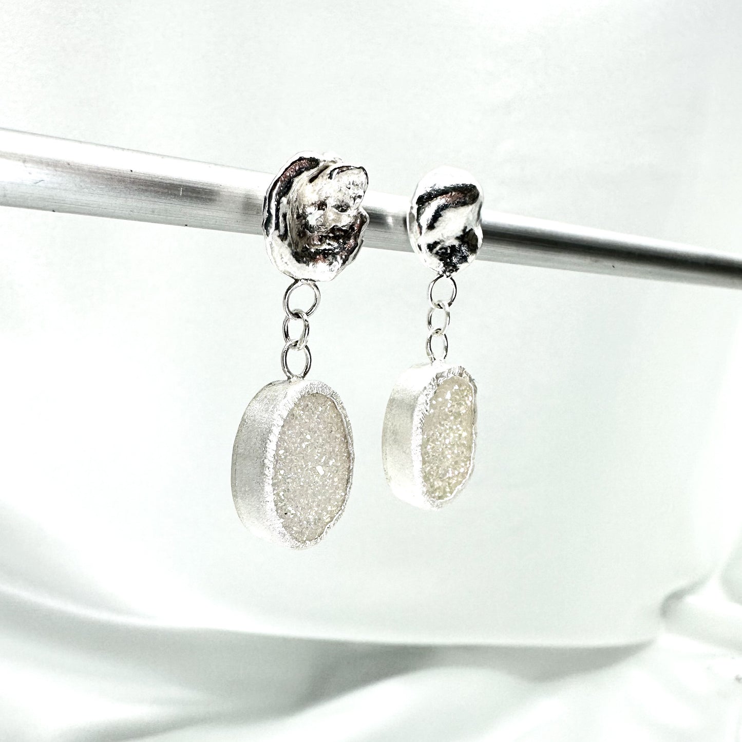 Stunning White Druzy Quartz Drop Earrings in Sterling Silver