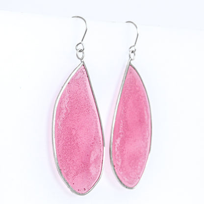 long pink dangling silver earrings in 925 sterling silver and resin