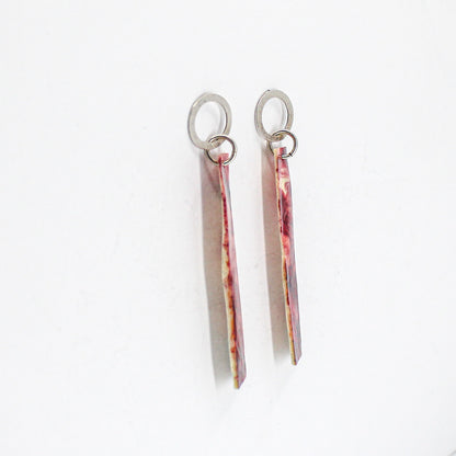long dangling earrings • hammered sterling silver circle • red marbled resin element