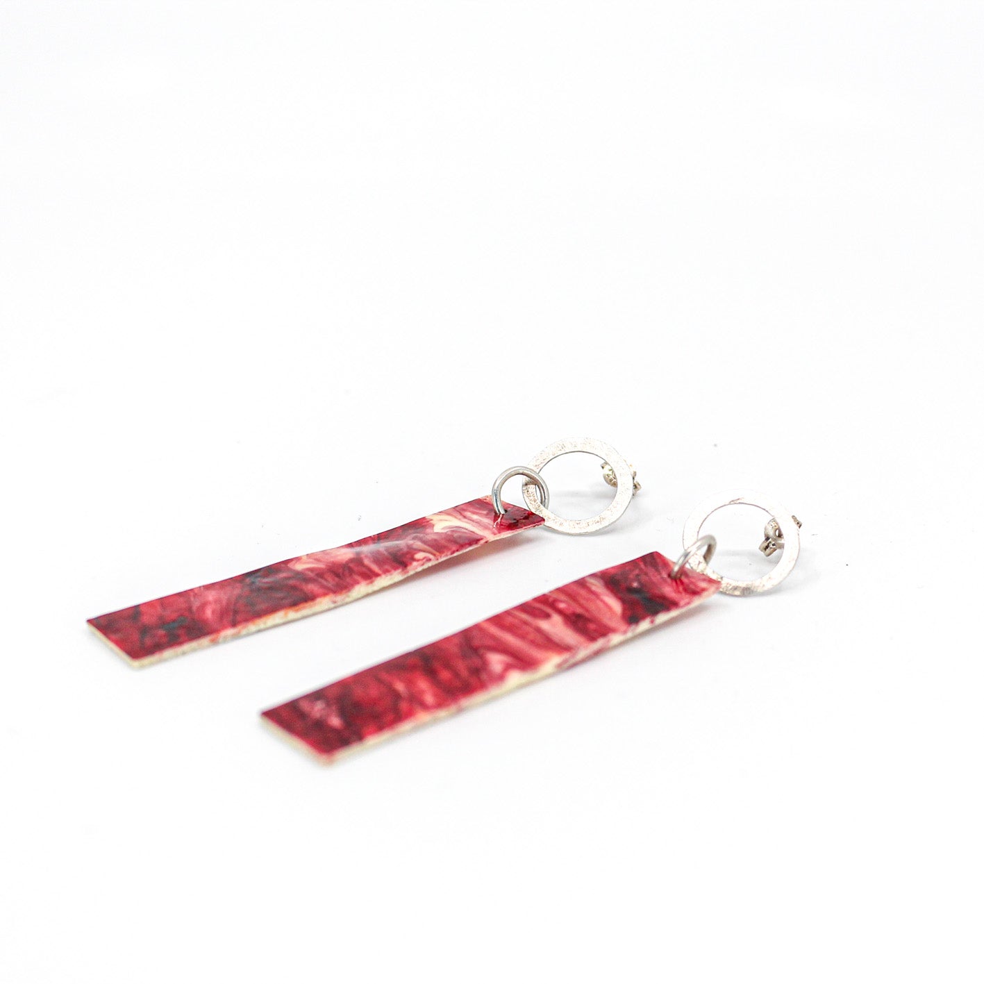 long dangling earrings • hammered sterling silver circle • red marbled resin element