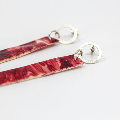 long dangling earrings • hammered sterling silver circle • red marbled resin element