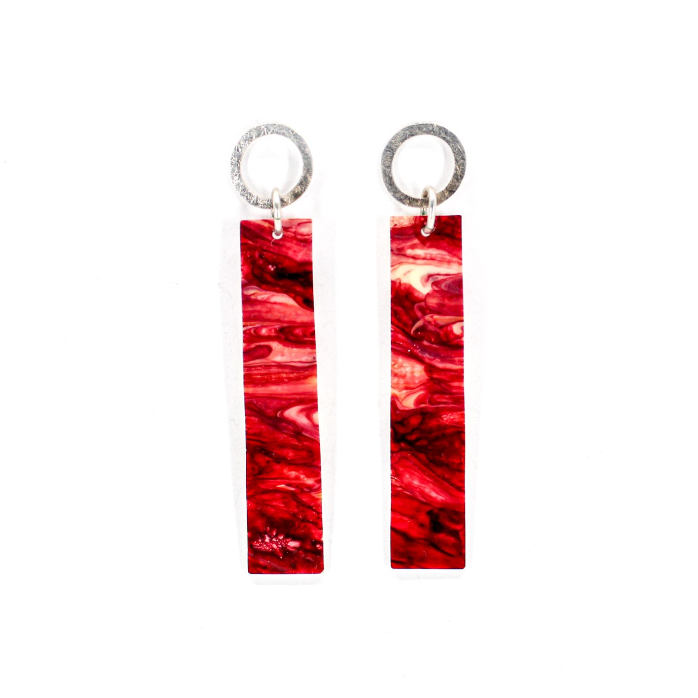long dangling earrings • hammered sterling silver circle • red marbled resin element