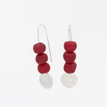 long drop earrings in sterling silver with red African glass beads