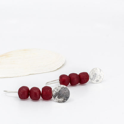 long drop earrings in sterling silver with red African glass beads
