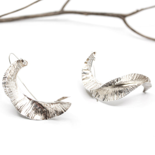 long swirly silver statement earrings in 925 eco sterling silver