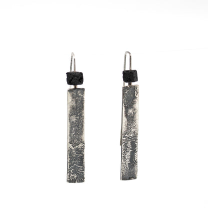 long minimalist drop earrings in 925 sterling silver with a black lava cube bead