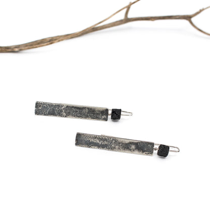 long minimalist drop earrings in 925 sterling silver with a black lava cube bead