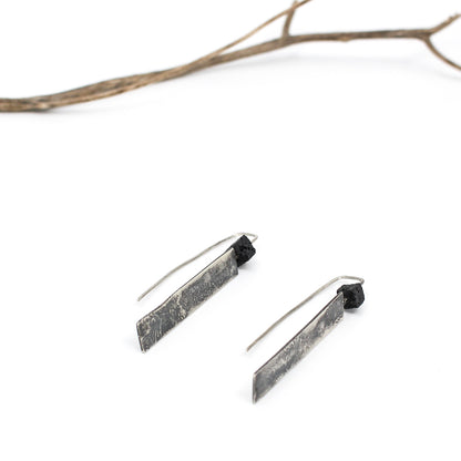 long minimalist drop earrings in 925 sterling silver with a black lava cube bead