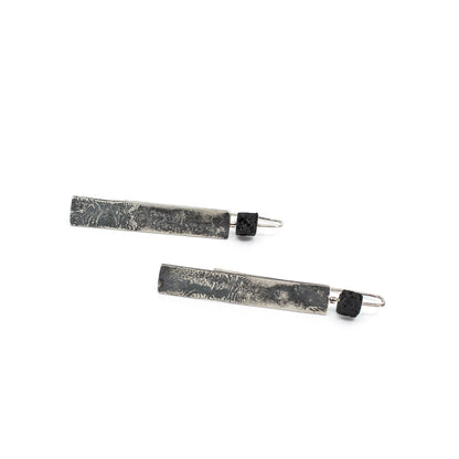 long minimalist drop earrings in 925 sterling silver with a black lava cube bead