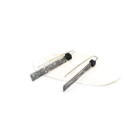 long minimalist drop earrings in 925 sterling silver with a black lava cube bead