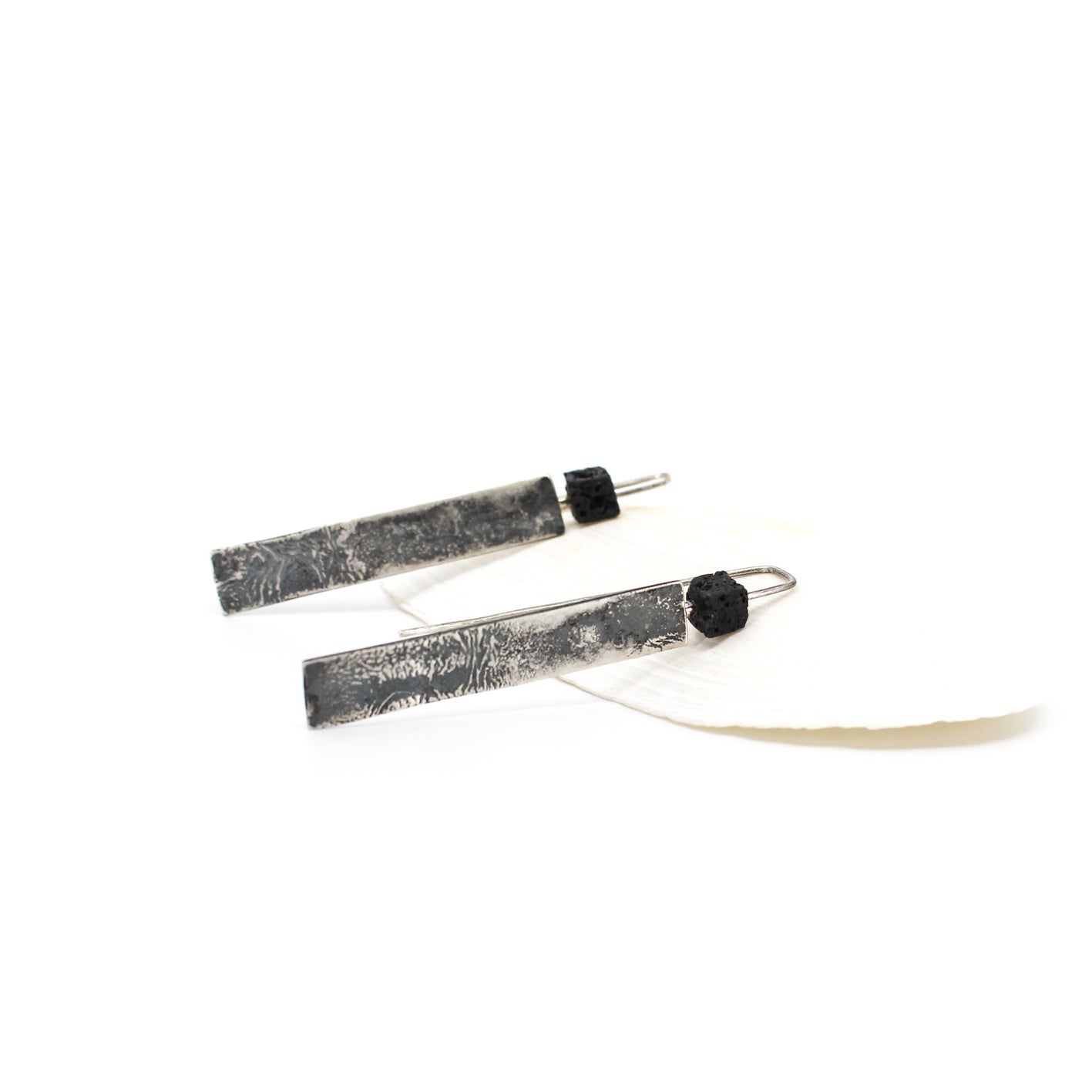 long minimalist drop earrings in 925 sterling silver with a black lava cube bead