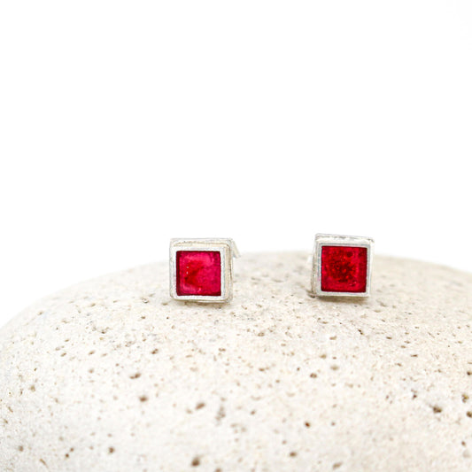 small red square silver studs • handmade in France