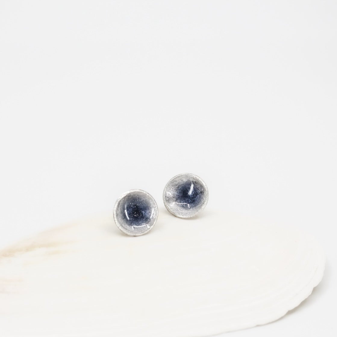 blue grey round small studs in 925 eco sterling silver •  resin coated