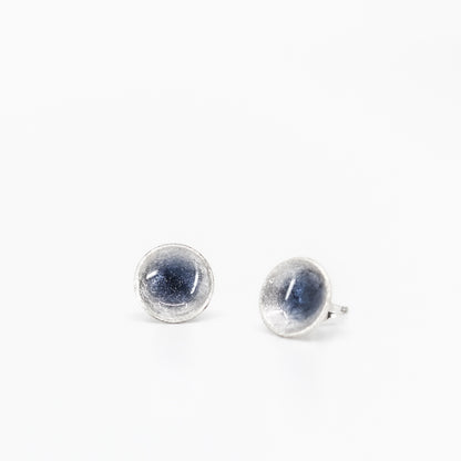 blue grey round small studs in 925 eco sterling silver •  resin coated