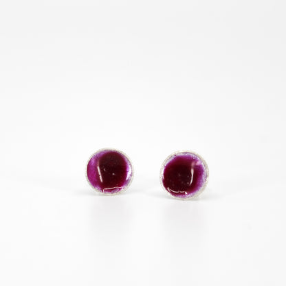 small round stud earrings in sterling silver filled with mauve purple resin