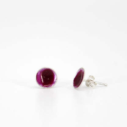 small round stud earrings in sterling silver filled with mauve purple resin