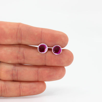 small round stud earrings in sterling silver filled with mauve purple resin