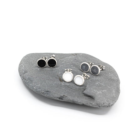 small minimalist round sterling silver stud earrings with white or grey or black resin