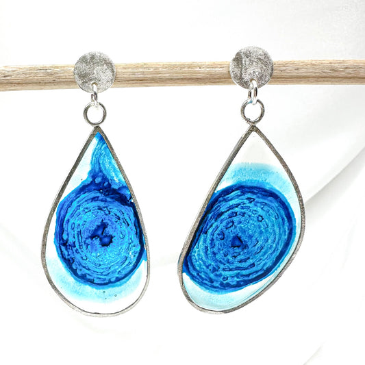 Handmade Sterling Silver Teardrop Earrings with Blue Resin • Sculptural • One of a Kind 1