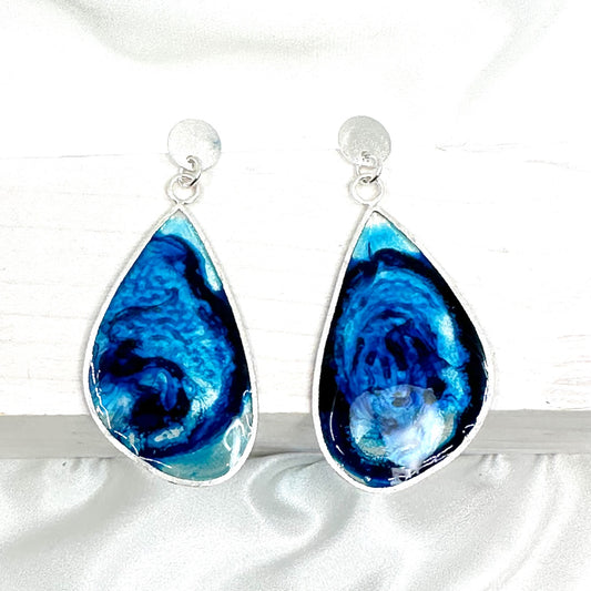 Handmade Sterling Silver Teardrop Earrings with Blue Resin • Sculptural • One of a Kind • 2