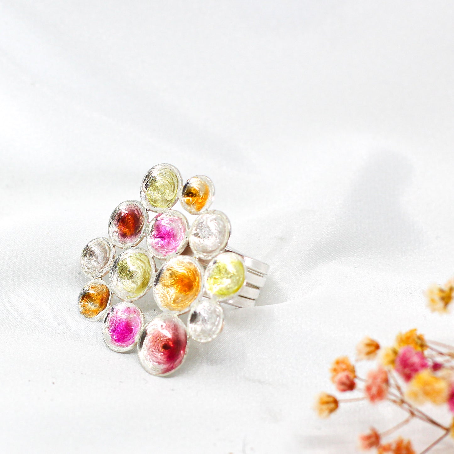 Big Flower Ring in Sterling Silver, coated with red, yellow, orange resin
