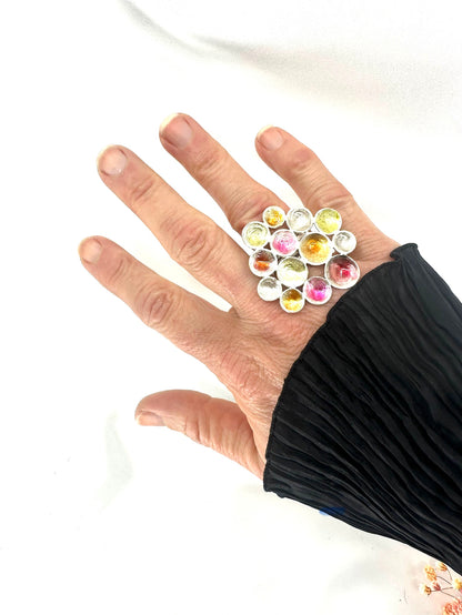 Big Flower Ring in Sterling Silver, coated with red, yellow, orange resin