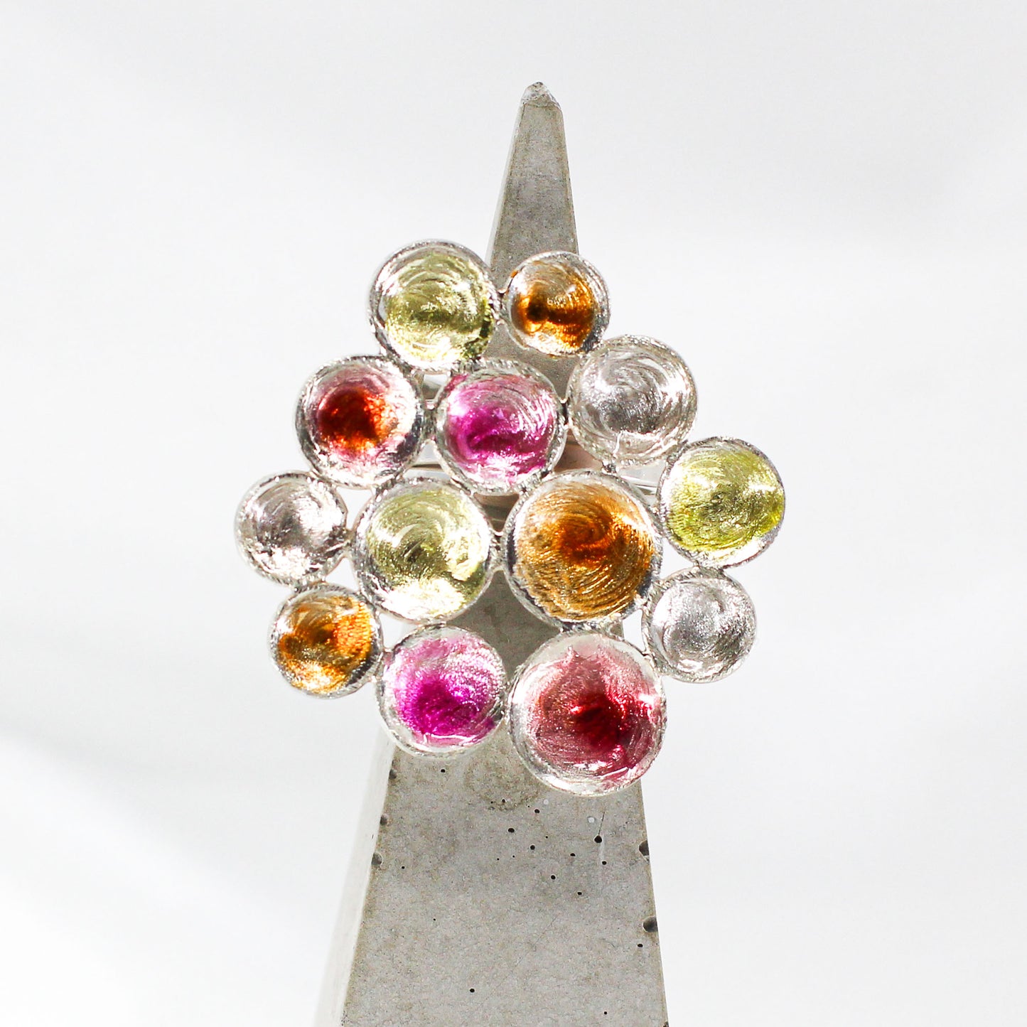 Big Flower Ring in Sterling Silver, coated with red, yellow, orange resin