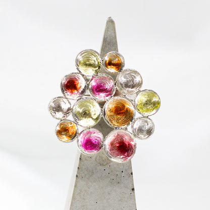 Big Flower Ring in Sterling Silver, coated with red, yellow, orange resin