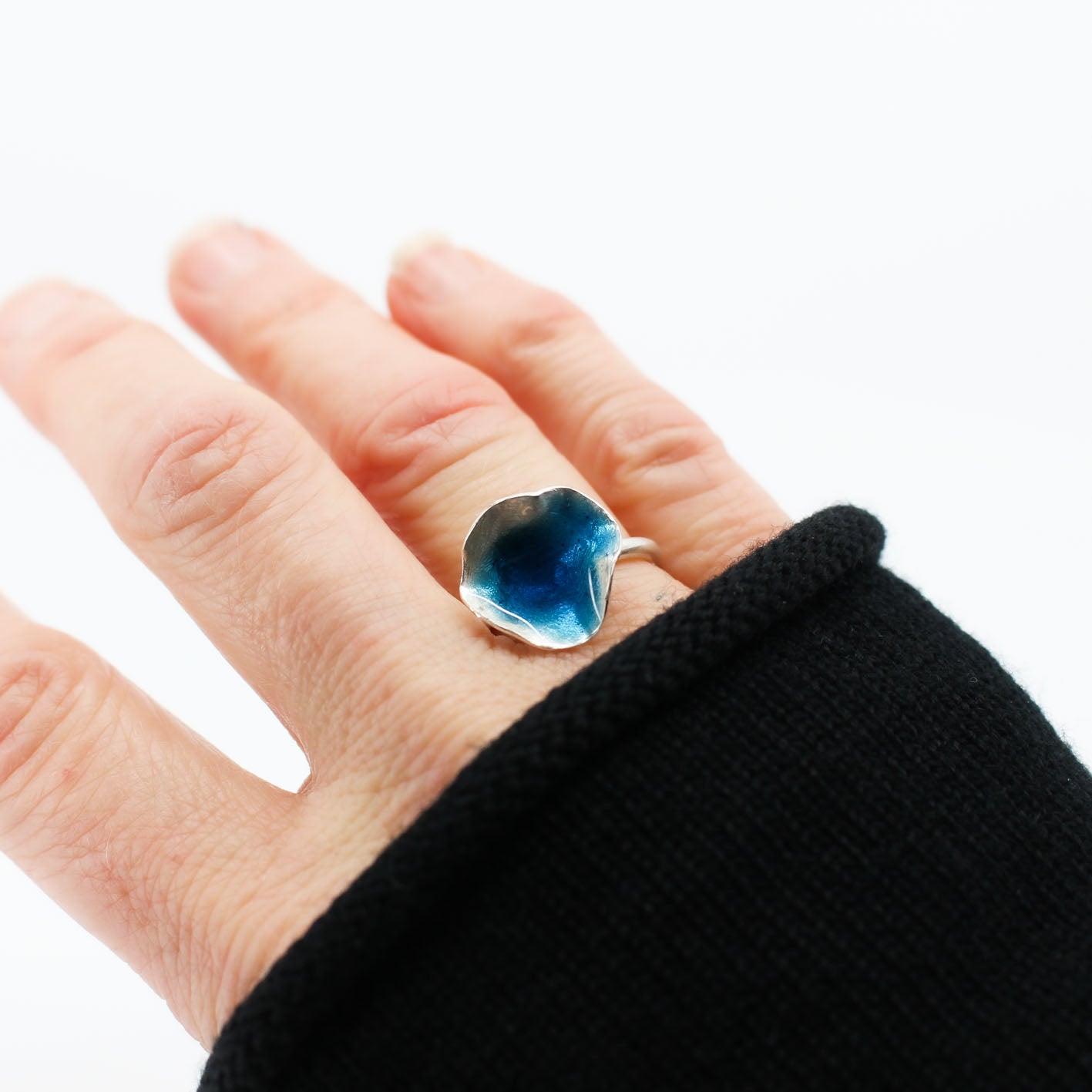 minimalist blue ring in 925 eco sterling silver coated with ocean blue resin
