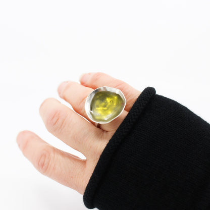 big statement ring in 925 eco sterling silver filled with lime green resin