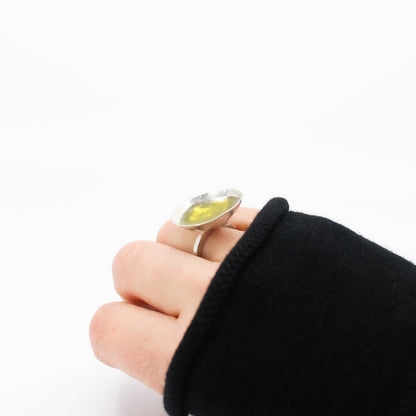 big statement ring in 925 eco sterling silver filled with lime green resin
