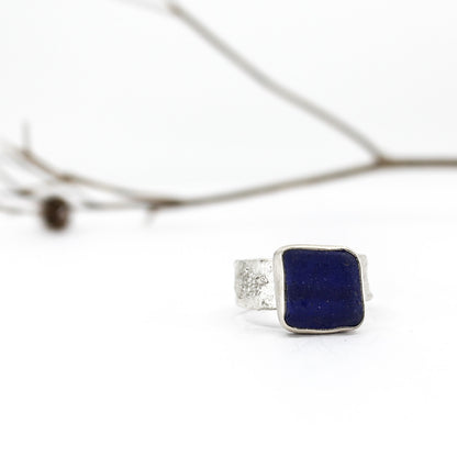 seltener blauer Seeglas-Silber-Statement-Ring aus 925er Öko-Sterlingsilber 
