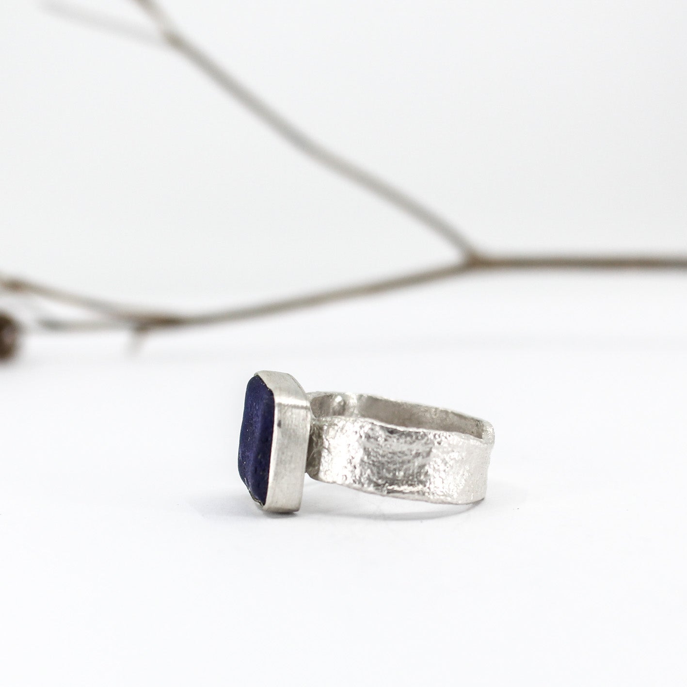 seltener blauer Seeglas-Silber-Statement-Ring aus 925er Öko-Sterlingsilber 