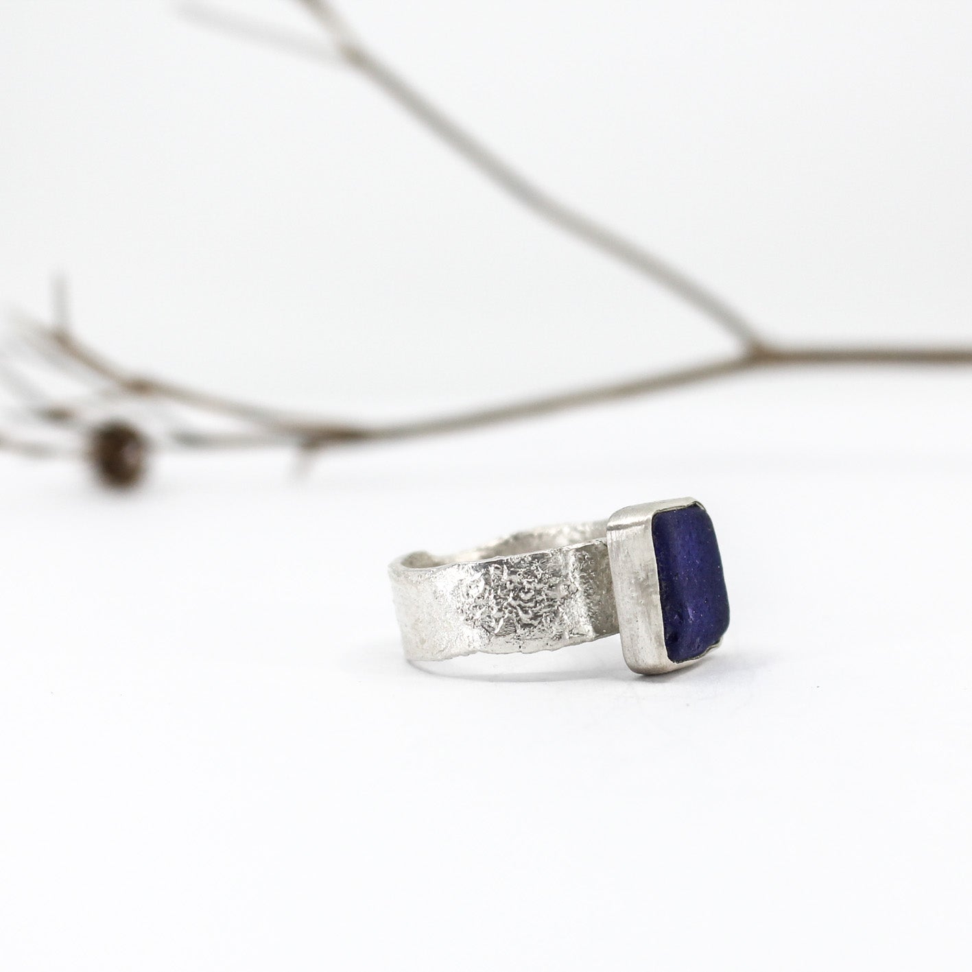 seltener blauer Seeglas-Silber-Statement-Ring aus 925er Öko-Sterlingsilber 
