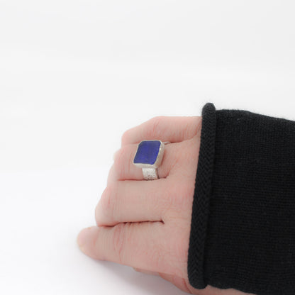 seltener blauer Seeglas-Silber-Statement-Ring aus 925er Öko-Sterlingsilber 