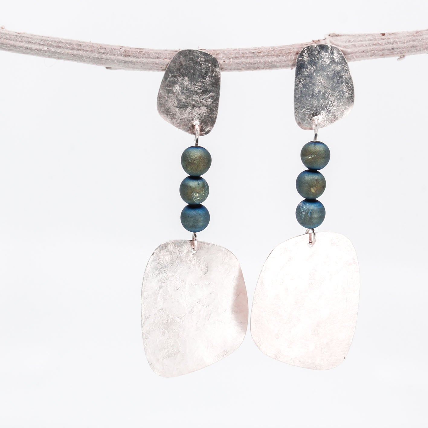 long drop sterling silver earrings with blue green agate beads