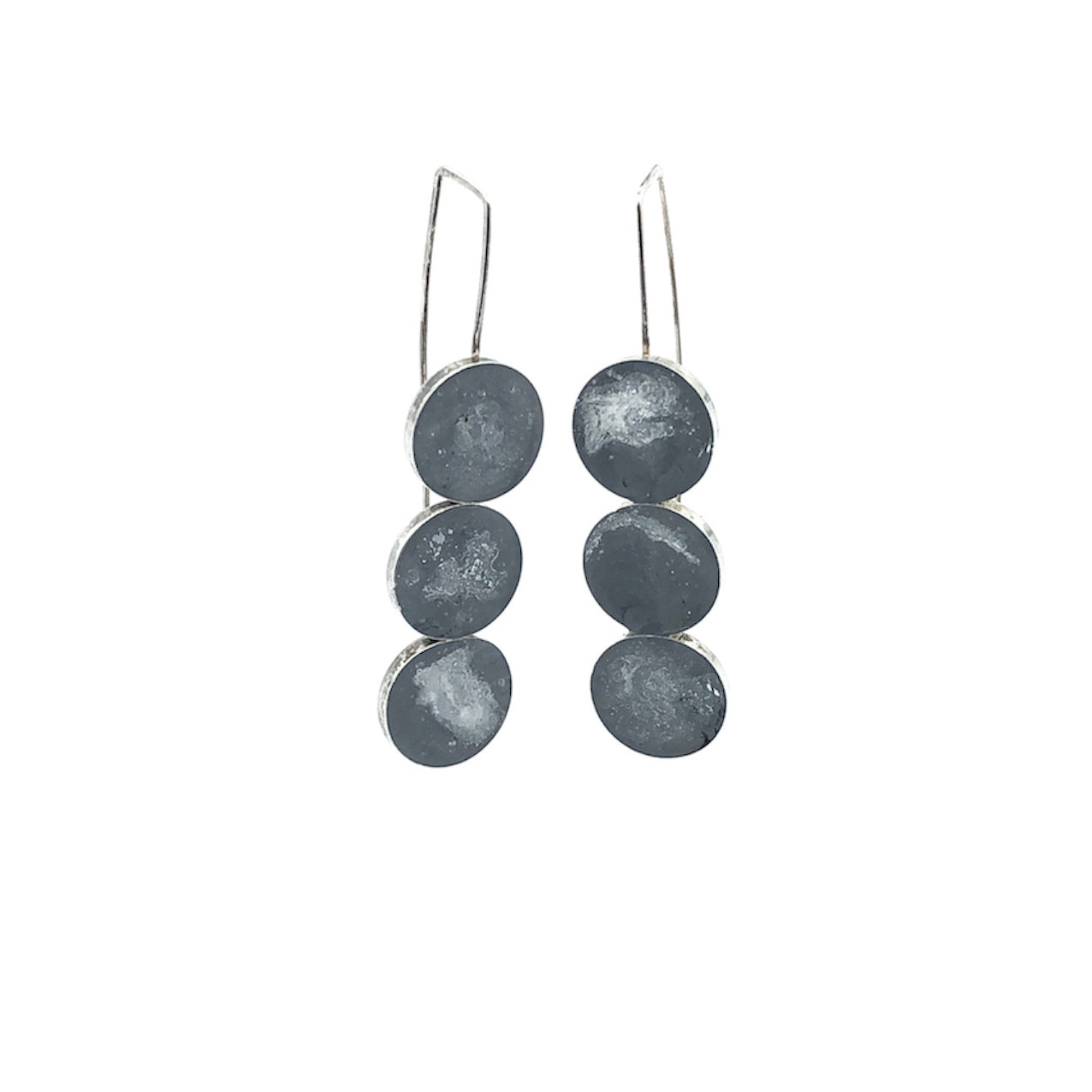 long grey dangly sterling silver earrings with three round resin elements