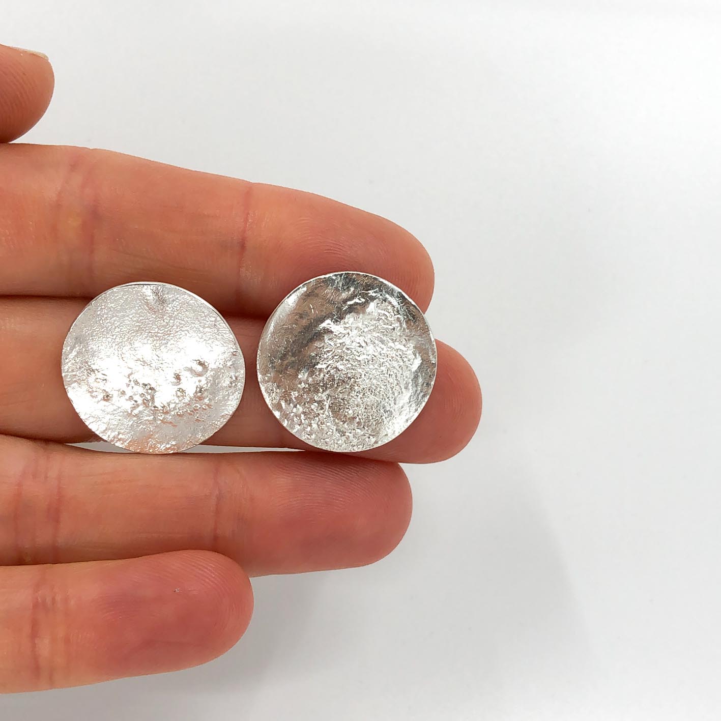 big shiny sterling silver round disc stud earrings • handmade in France