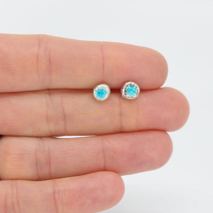 turquoise round small silver stud earrings • resin filled • handmade in France