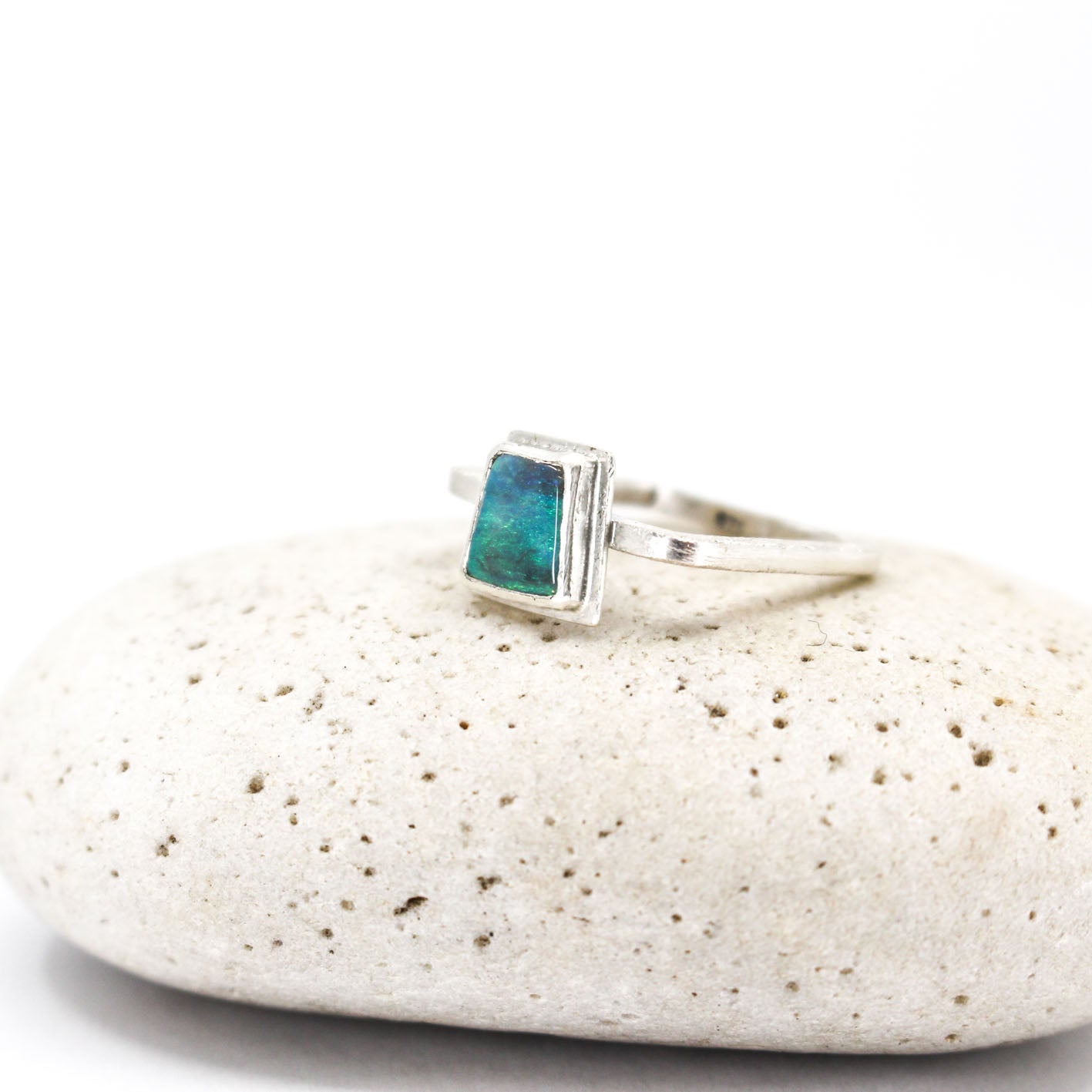 green minimalist Australian opal ring with hammered square 925 eco sterling silver band