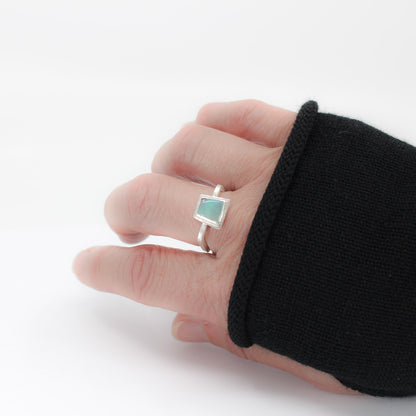 green minimalist Australian opal ring with hammered square 925 eco sterling silver band