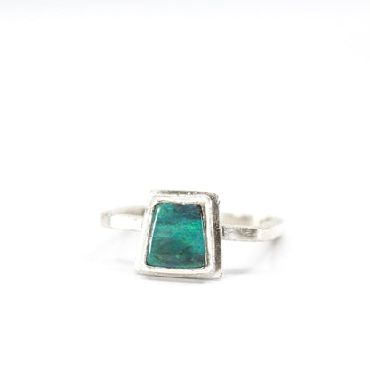 green minimalist Australian opal ring with hammered square 925 eco sterling silver band